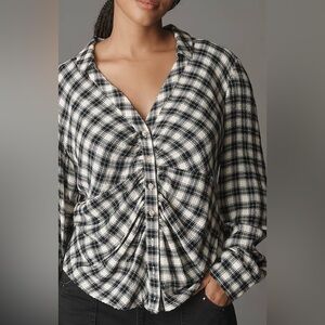 Anthropologie Pilcro The Keaton Ruched Collared Blouse Top Black White Size XS